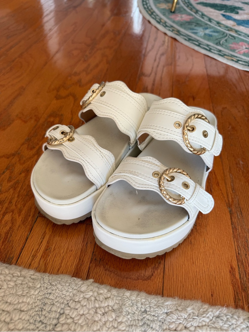 DV by Dolce Vita ‘Sheree’ White Platform Slide Sandals with Gold Buckles